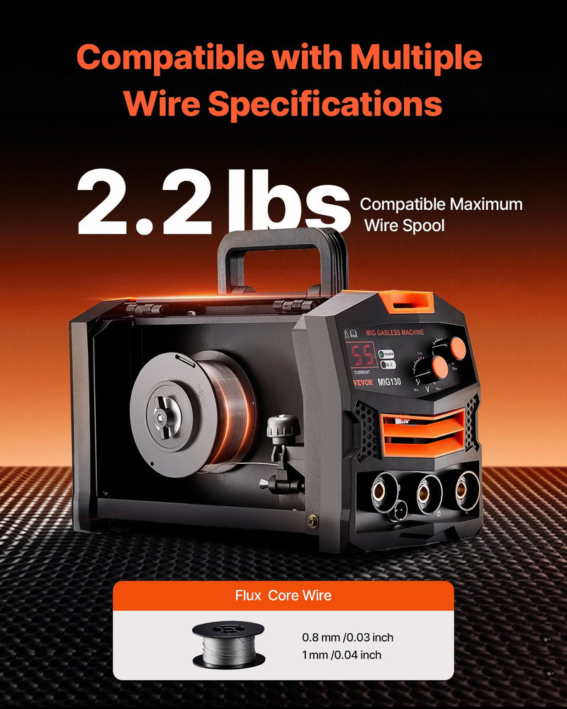 VEVOR bezgāzes 130 A MIG metināšanas aparāts ar pulverpildītu stiepli, IGBT invertorid