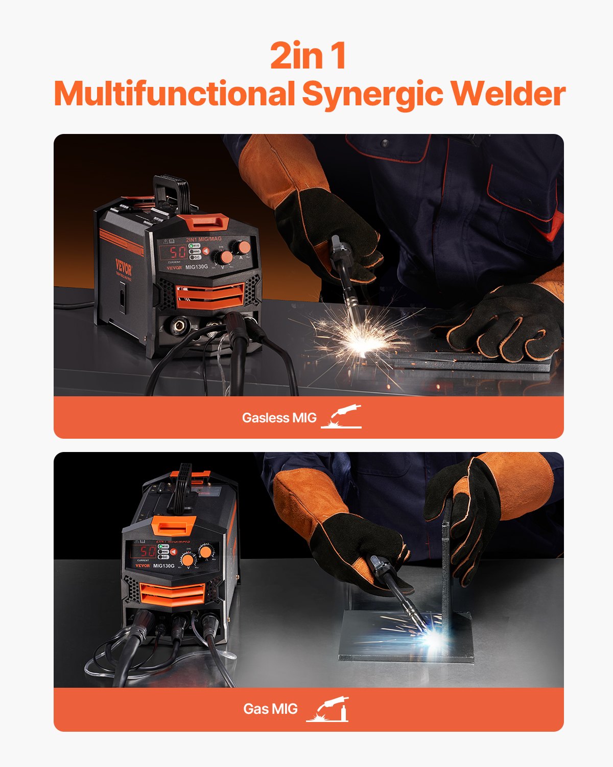 VEVOR MIG Welding Machine 130 A 2 in 1 – Gas MIG and Gasless, IGBT Inverter