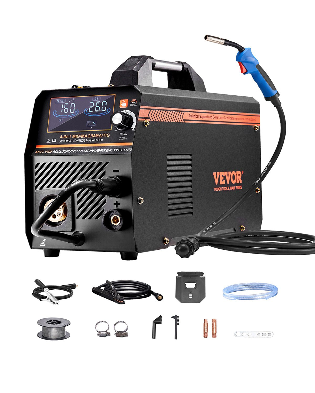 VEVOR MIG Welding Machine 160 A 4 in 1 – Gas MIG, Gasless MIG, MMA, Lift TIG, Synergic, LCD