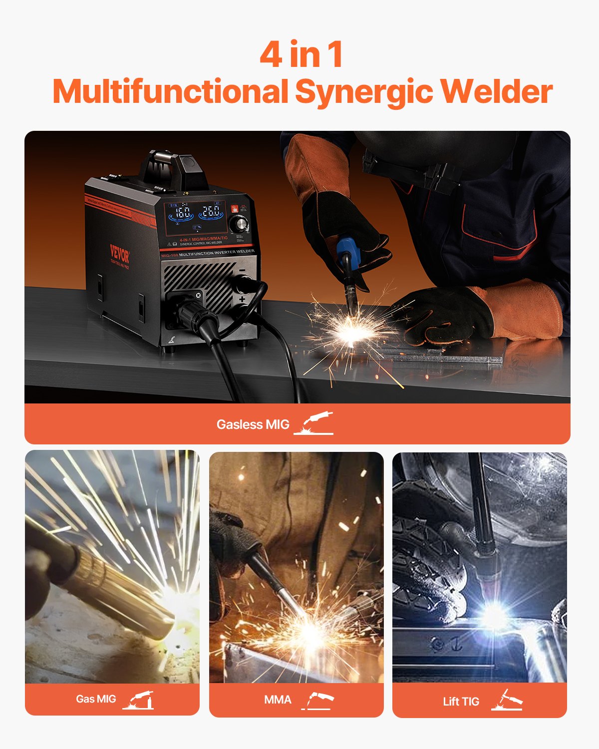 VEVOR MIG Welding Machine 160 A 4 in 1 – Gas MIG, Gasless MIG, MMA, Lift TIG, Synergic, LCD