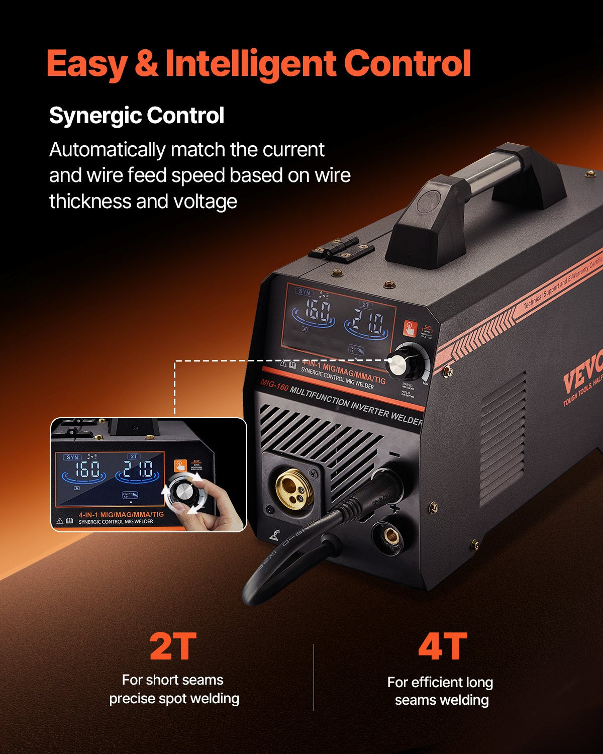 VEVOR MIG Welding Machine 160 A 4 in 1 – Gas MIG, Gasless MIG, MMA, Lift TIG, Synergic, LCD