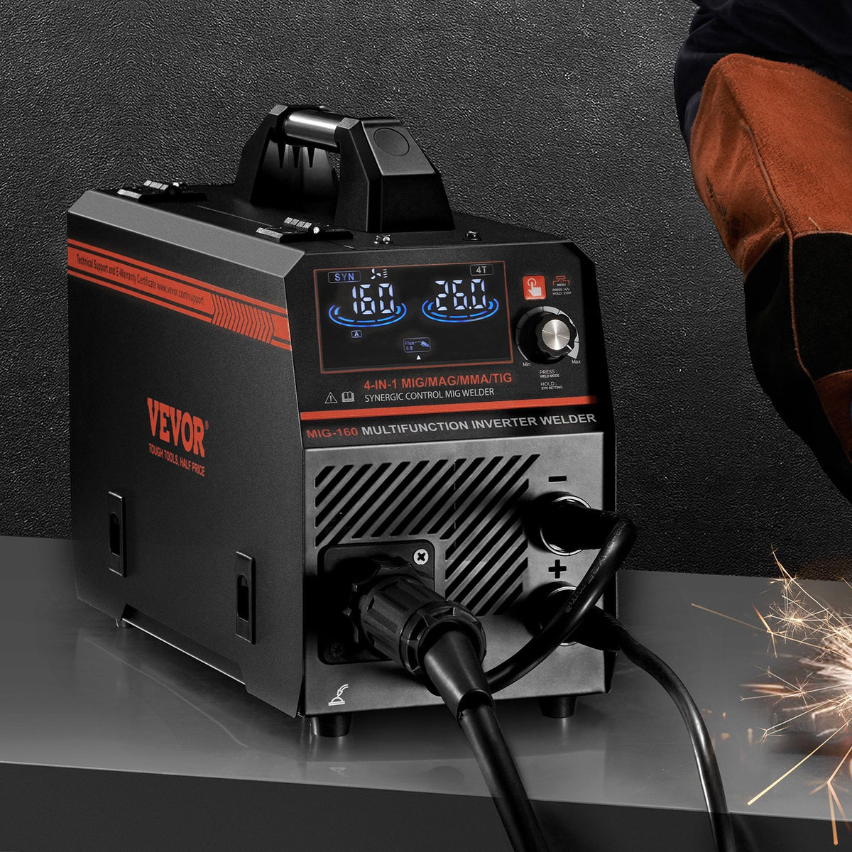 VEVOR MIG Welding Machine 160 A 4 in 1 – Gas MIG, Gasless MIG, MMA, Lift TIG, Synergic, LCD
