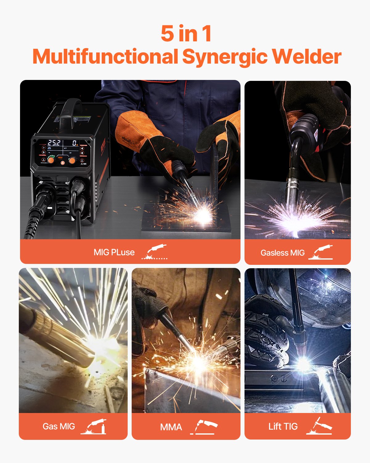 VEVOR Pro MIG Welding Machine 200 A 5 in 1 – MIG Pulse, Gas/Gasless MIG, MMA, Lift TIG, LCD