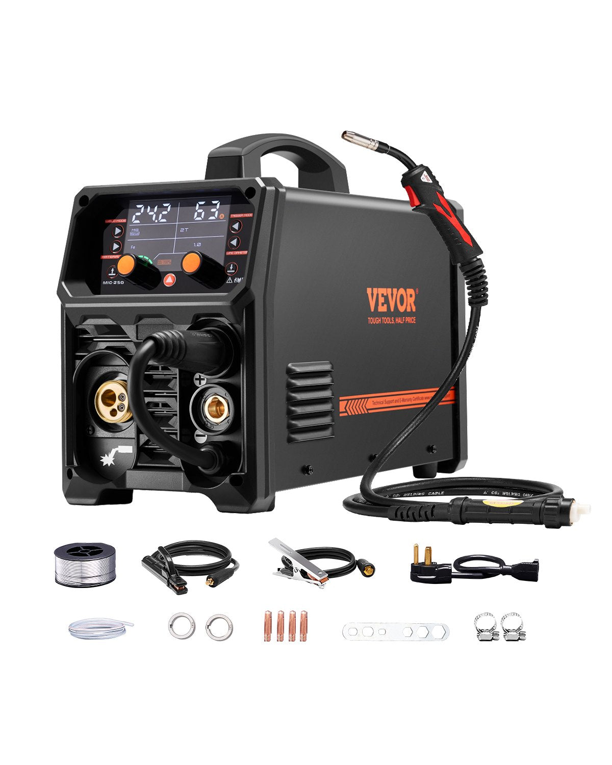 VEVOR сварочный аппарат Pro MIG 250 A 5 в 1 – MIG Pulse, MIG с газом/без газа, MMA, Lift TIG, LCD