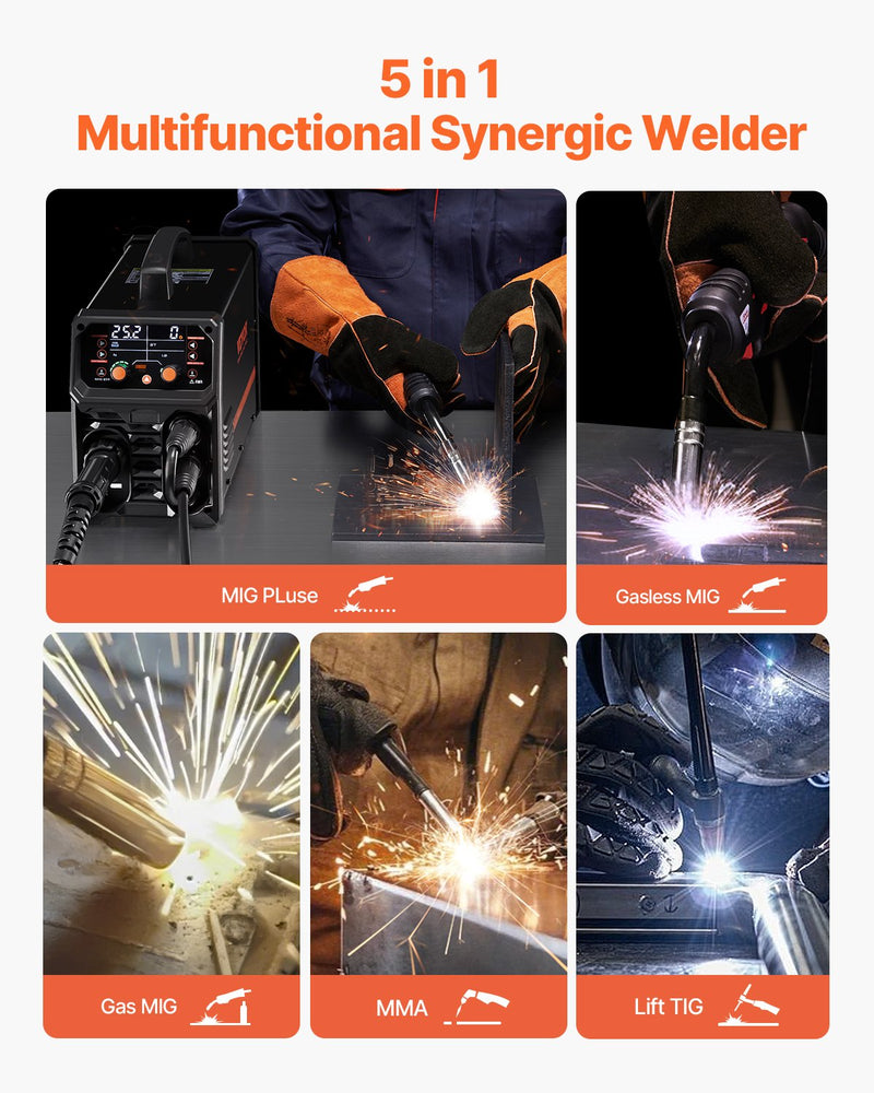 Metināšanas aparāts VEVOR 250 A, 5-in-1 MIG Pulse, gasless MIG, gas MIG, MMA, Lift TIG, sinerģisks