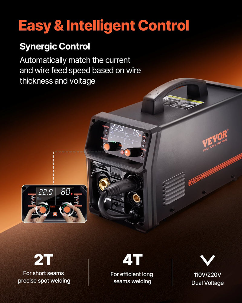 Metināšanas aparāts VEVOR 250 A, 5-in-1 MIG Pulse, gasless MIG, gas MIG, MMA, Lift TIG, sinerģisks