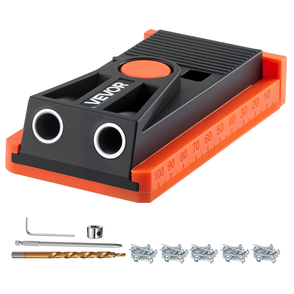 VEVOR Adjustable Mini Pocket Hole Jig Kit for Woodworking, 12.7–38.1 mm, with Step Drill, Hex Key, Drilling Depth Ring, Square Drive, Screws and Reinforced Nylon Frame
