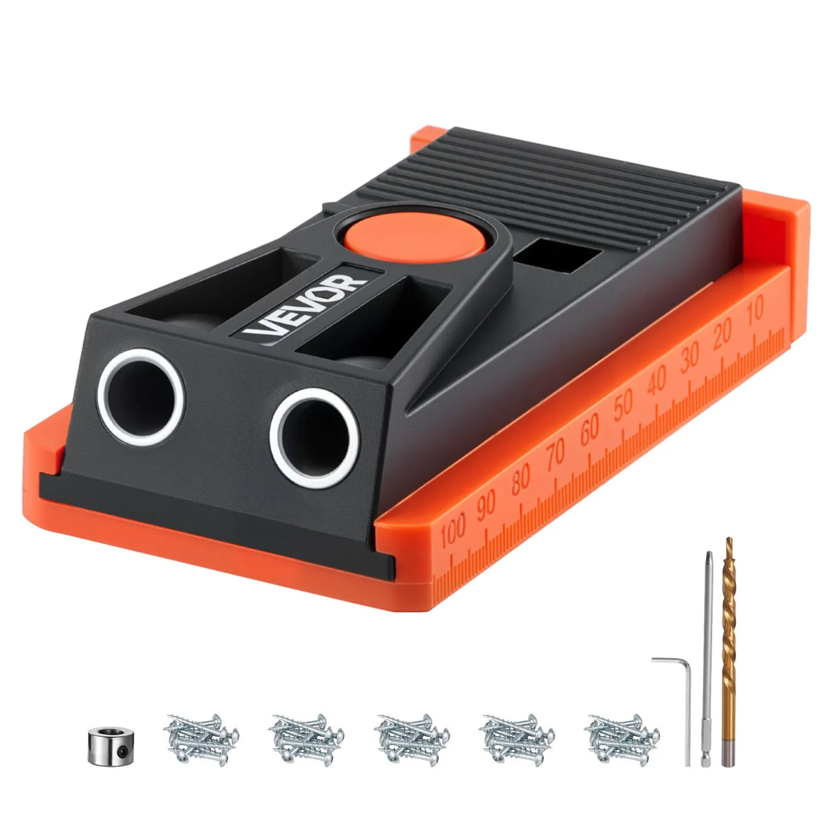 VEVOR Adjustable Mini Pocket Hole Jig Kit for Woodworking, 12.7–38.1 mm, with Step Drill, Hex Key, Drilling Depth Ring, Square Drive, Screws and Reinforced Nylon Frame