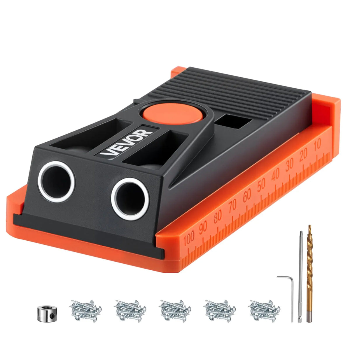 VEVOR Adjustable Mini Pocket Hole Jig Kit for Woodworking, 12.7–38.1 mm, with Step Drill, Hex Key, Drilling Depth Ring, Square Drive, Screws and Reinforced Nylon Frame