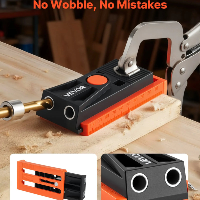 VEVOR regulējams mini kabatas urbumu šablonu komplekts kokapstrādei, 12,7–38,1 mm, ar pakāpju urbi, sešstūra atslēgu, urbšanas dziļuma gredzenu, kvadrātuzgali, skrūvēm un pastiprinātu neilona rāmi