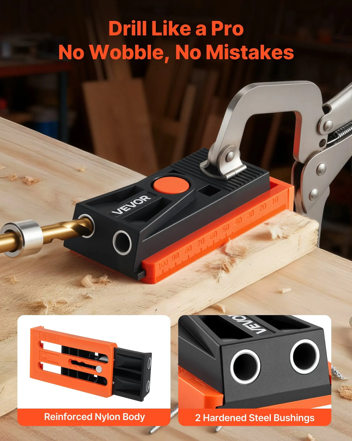 VEVOR Adjustable Mini Pocket Hole Jig Kit for Woodworking, 12.7–38.1 mm, with Step Drill, Hex Key, Drilling Depth Ring, Square Drive, Screws and Reinforced Nylon Frame
