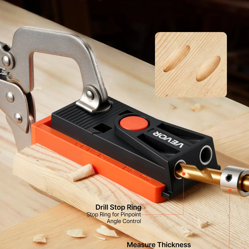 VEVOR regulējams mini kabatas urbumu šablonu komplekts kokapstrādei, 12,7–38,1 mm, ar pakāpju urbi, sešstūra atslēgu, urbšanas dziļuma gredzenu, kvadrātuzgali, skrūvēm un pastiprinātu neilona rāmi
