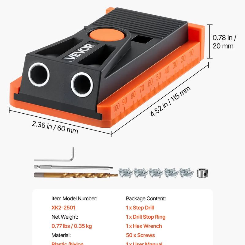 VEVOR regulējams mini kabatas urbumu šablonu komplekts kokapstrādei, 12,7–38,1 mm, ar pakāpju urbi, sešstūra atslēgu, urbšanas dziļuma gredzenu, kvadrātuzgali, skrūvēm un pastiprinātu neilona rāmi