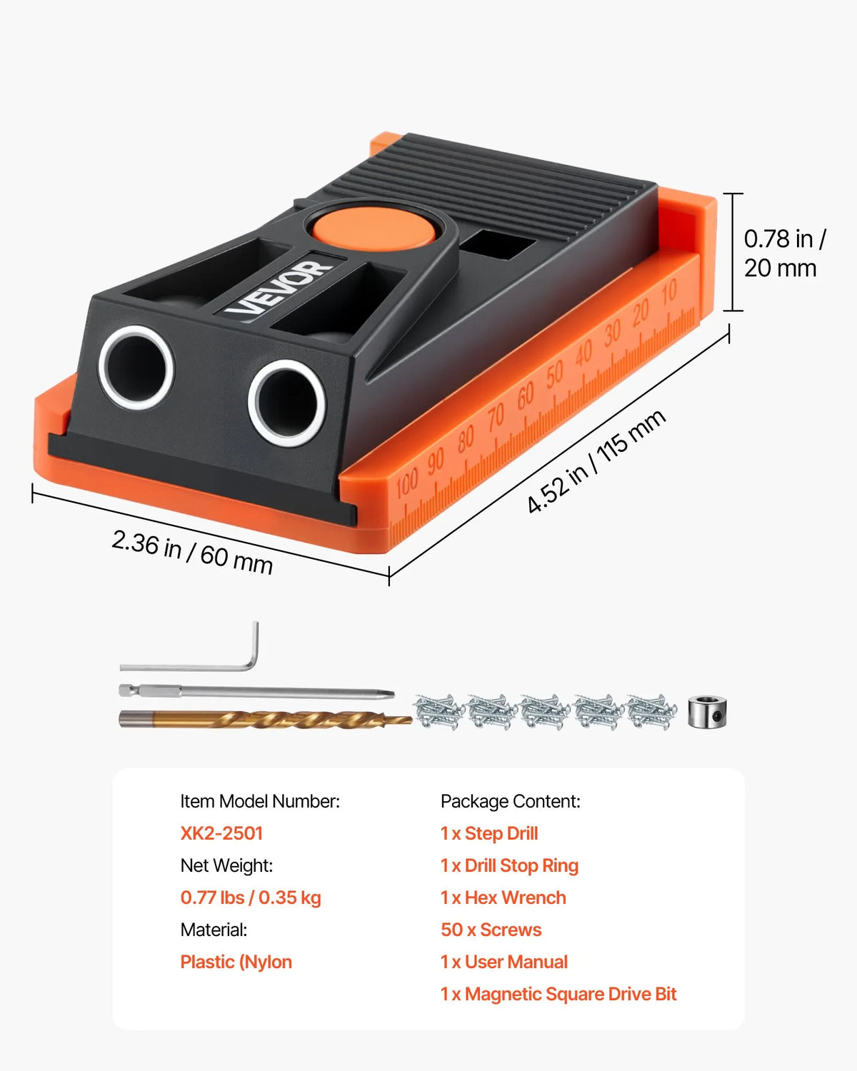 VEVOR Adjustable Mini Pocket Hole Jig Kit for Woodworking, 12.7–38.1 mm, with Step Drill, Hex Key, Drilling Depth Ring, Square Drive, Screws and Reinforced Nylon Frame