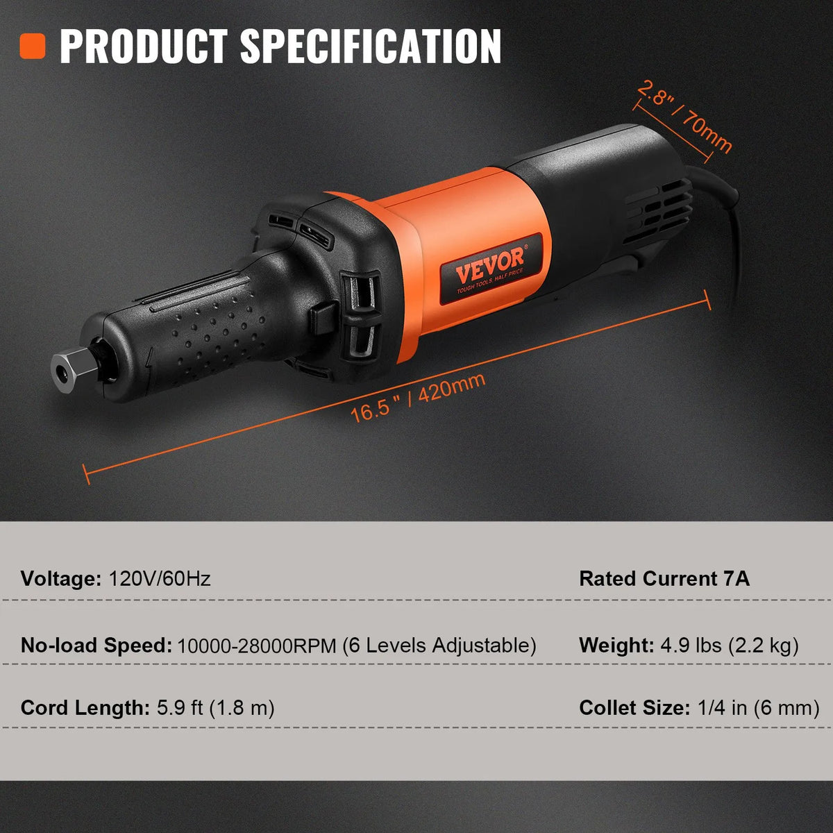 VEVOR Straight Router 6.4 mm, Powerful Hand Router, 30,000 RPM, with 6 Variable Speeds