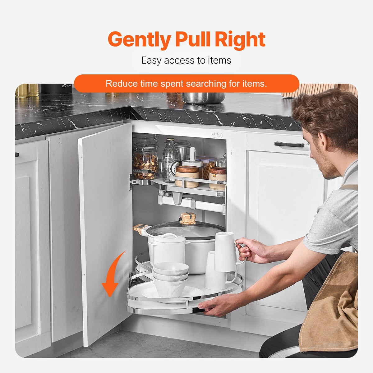 VEVOR Pull-Out Right Blind Corner Cabinet Organiser, Suitable for 915 mm Wide Cabinet, 2-Tier Height Adjustable Rotating Shelves with Soft Close, Kitchen Shelf Cloud Type System