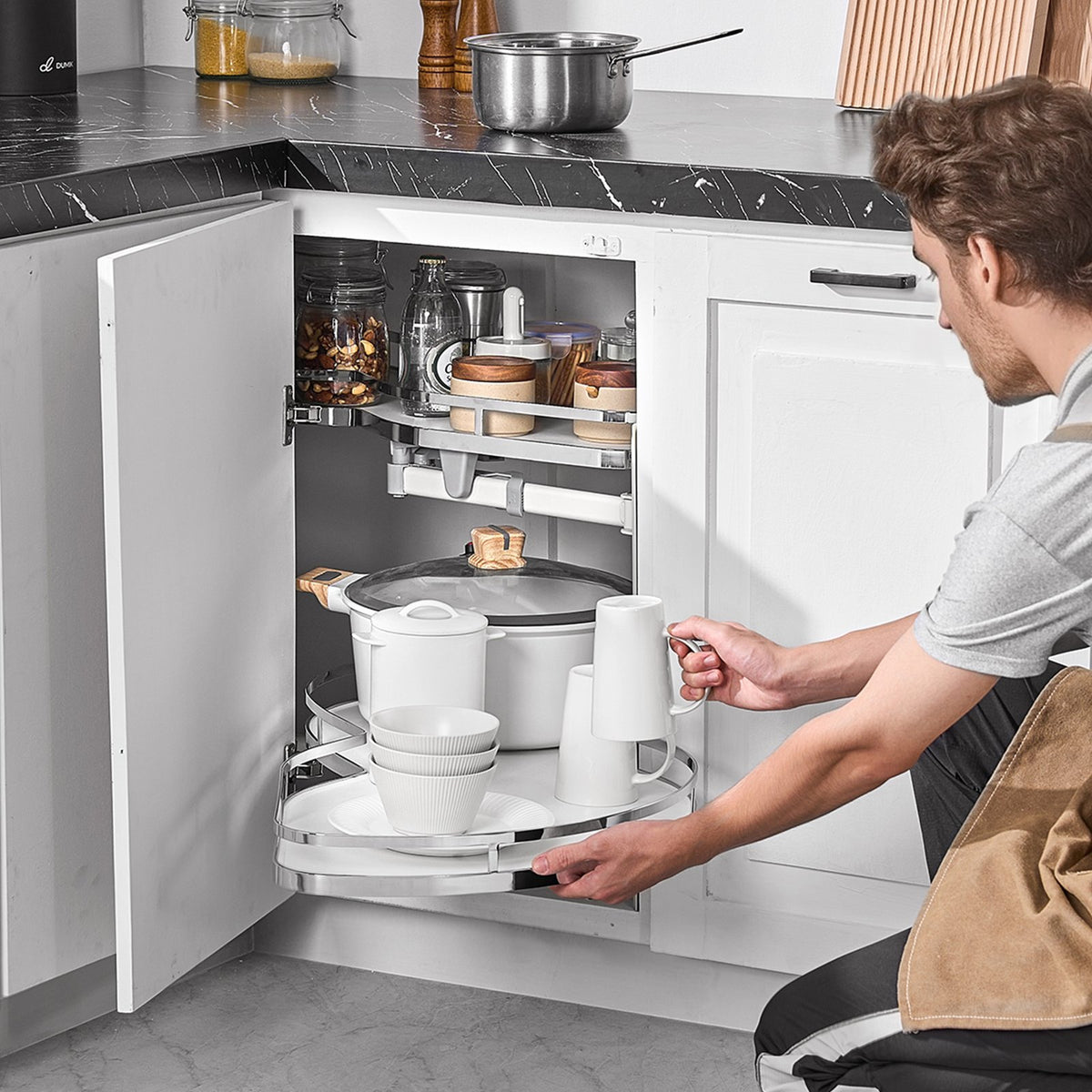 VEVOR Pull-Out Right Blind Corner Cabinet Organiser, Suitable for 915 mm Wide Cabinet, 2-Tier Height Adjustable Rotating Shelves with Soft Close, Kitchen Shelf Cloud Type System