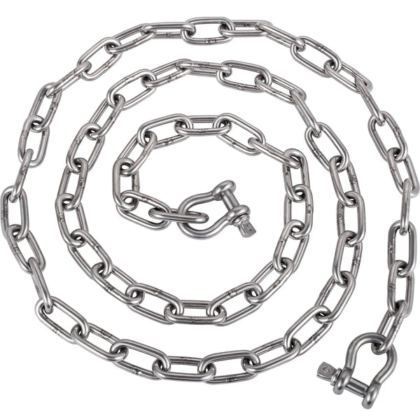 Enkura ķēde 6,1 m x 8 mm ar 316 nerūsējošā tērauda savienotājšakli 10 mm, pārrāvuma slodze 3229 kg / 4291 kg, piemērota mazām laivām