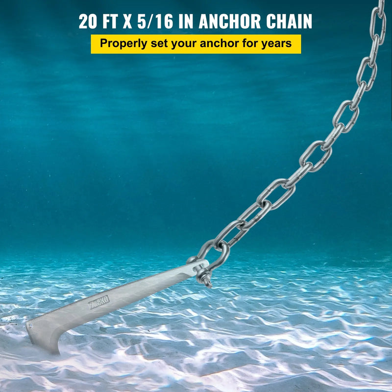 Enkura ķēde 6,1 m x 8 mm ar 316 nerūsējošā tērauda savienotājšakli 10 mm, pārrāvuma slodze 3229 kg / 4291 kg, piemērota mazām laivām