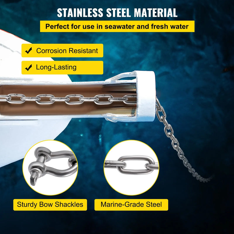Enkura ķēde 6,1 m x 8 mm ar 316 nerūsējošā tērauda savienotājšakli 10 mm, pārrāvuma slodze 3229 kg / 4291 kg, piemērota mazām laivām
