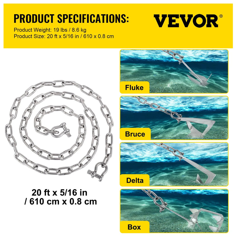 Enkura ķēde 6,1 m x 8 mm ar 316 nerūsējošā tērauda savienotājšakli 10 mm, pārrāvuma slodze 3229 kg / 4291 kg, piemērota mazām laivām