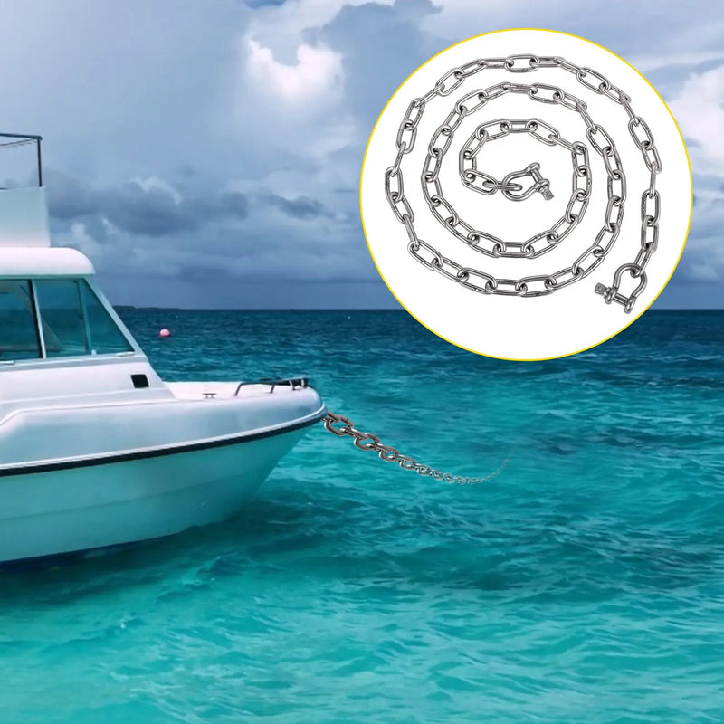 Enkura ķēde 6,1 m x 8 mm ar 316 nerūsējošā tērauda savienotājšakli 10 mm, pārrāvuma slodze 3229 kg / 4291 kg, piemērota mazām laivām