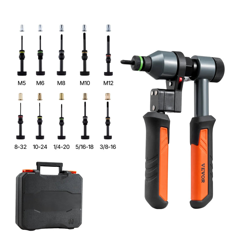 VEVOR kniedējamo uzgriežņu instrumenta komplekts, 210 mm sprūdrata tipa rivnut kniedētājs ar 10 vārpstām un 100 uzgriežņiem, metriskie un SAE izmēri M5, M6, M8, M10, M12, 8-32, 10-24, 1/4-20, 5/16-18, 3/8-16 UNC, ar izturīgu pārnēsāšanas koferi