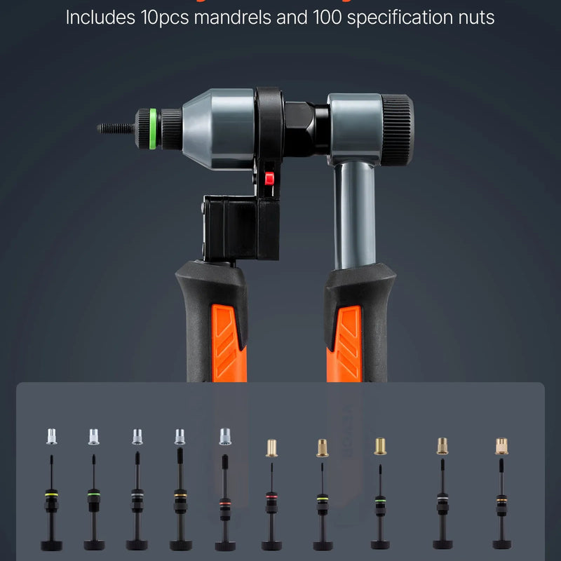 VEVOR kniedējamo uzgriežņu instrumenta komplekts, 210 mm sprūdrata tipa rivnut kniedētājs ar 10 vārpstām un 100 uzgriežņiem, metriskie un SAE izmēri M5, M6, M8, M10, M12, 8-32, 10-24, 1/4-20, 5/16-18, 3/8-16 UNC, ar izturīgu pārnēsāšanas koferi