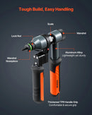 VEVOR kniedējamo uzgriežņu instrumenta komplekts, 210 mm sprūdrata tipa rivnut kniedētājs ar 10 vārpstām un 100 uzgriežņiem, metriskie un SAE izmēri M5, M6, M8, M10, M12, 8-32, 10-24, 1/4-20, 5/16-18, 3/8-16 UNC, ar izturīgu pārnēsāšanas koferi