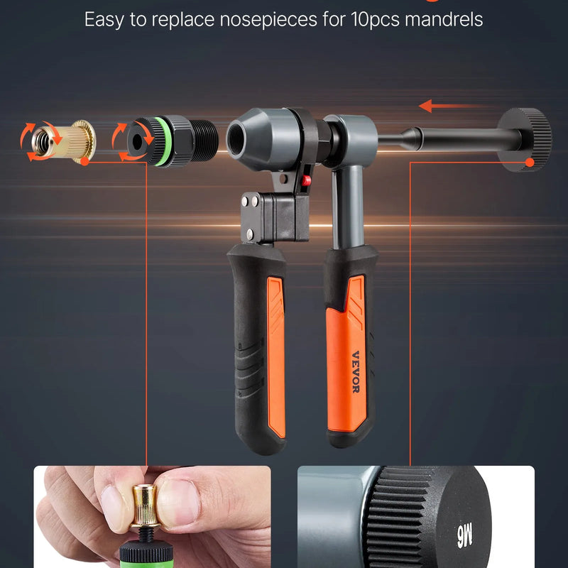 VEVOR kniedējamo uzgriežņu instrumenta komplekts, 210 mm sprūdrata tipa rivnut kniedētājs ar 10 vārpstām un 100 uzgriežņiem, metriskie un SAE izmēri M5, M6, M8, M10, M12, 8-32, 10-24, 1/4-20, 5/16-18, 3/8-16 UNC, ar izturīgu pārnēsāšanas koferi