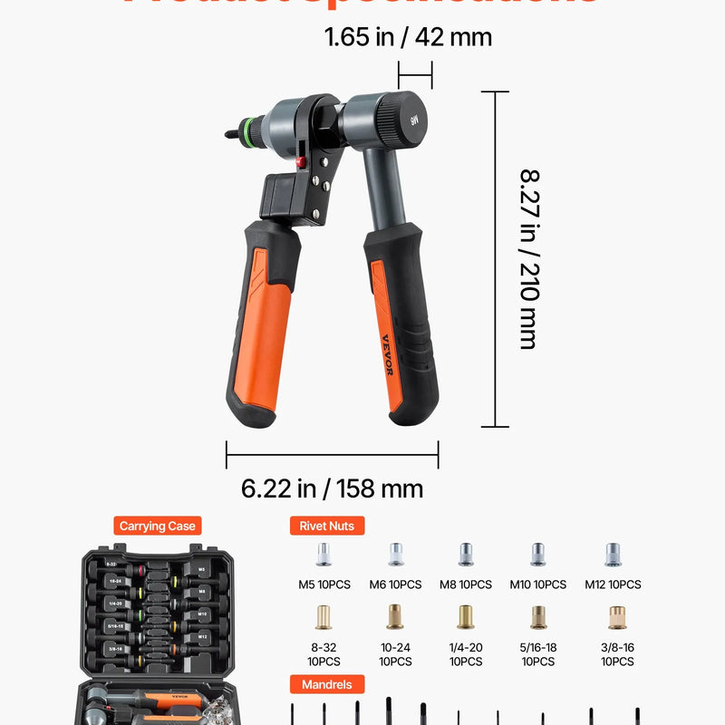 VEVOR kniedējamo uzgriežņu instrumenta komplekts, 210 mm sprūdrata tipa rivnut kniedētājs ar 10 vārpstām un 100 uzgriežņiem, metriskie un SAE izmēri M5, M6, M8, M10, M12, 8-32, 10-24, 1/4-20, 5/16-18, 3/8-16 UNC, ar izturīgu pārnēsāšanas koferi