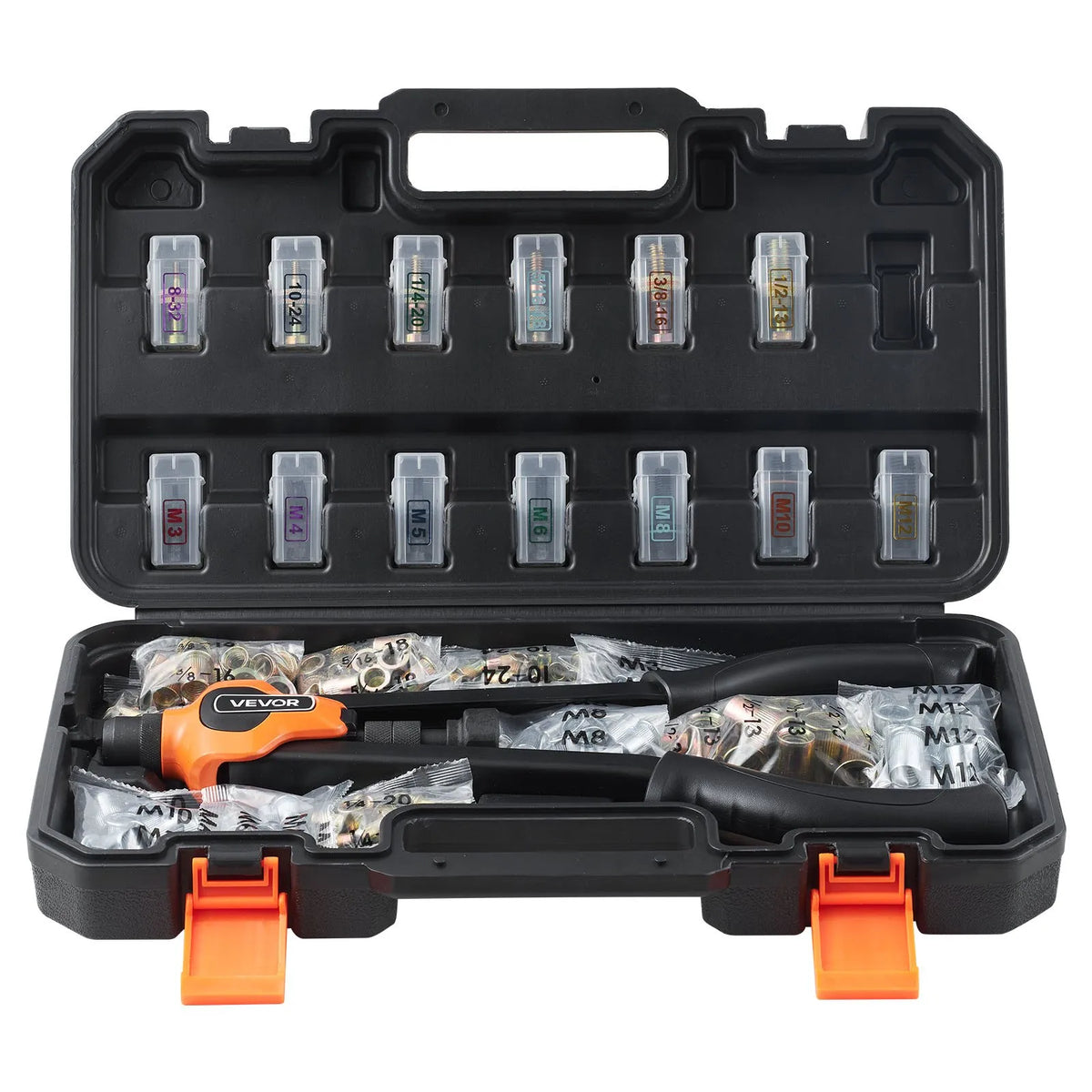 VEVOR Rivet Nut Tool 420 mm with 13 Mandrels and 130 Rivet Nuts (M3–M12, 8-32 to 1/2-13 UNC), with Portable Case