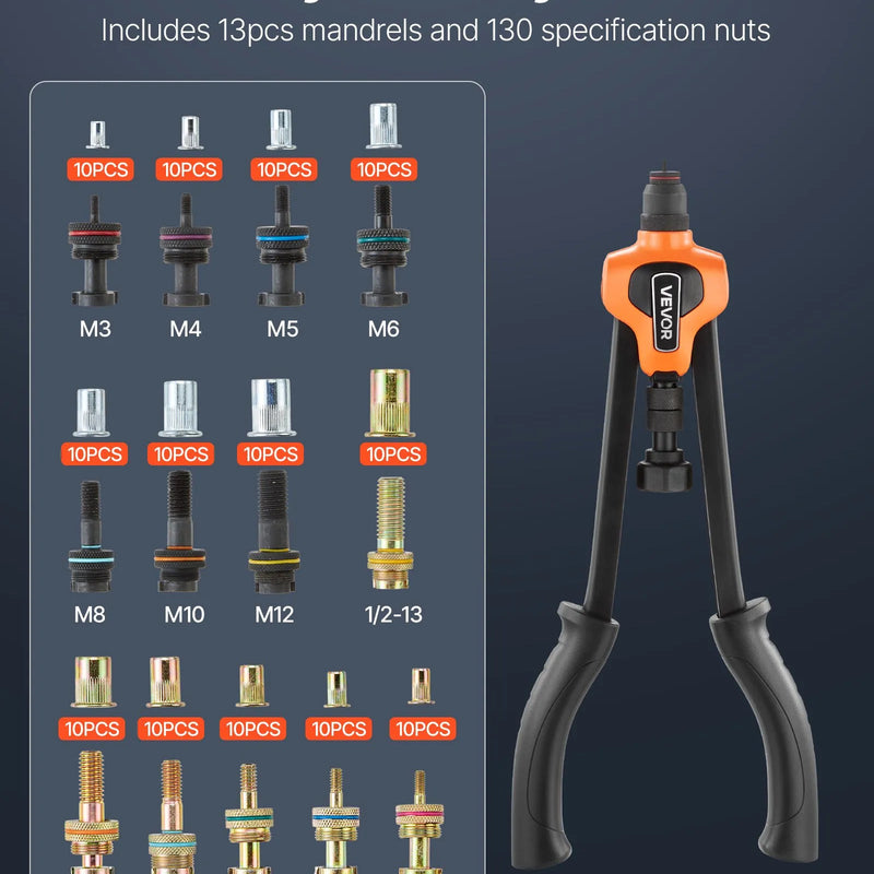 VEVOR Kniežu uzgriežņu knaibles 420 mm ar 13 mandrelēm un 130 kniežu uzgriežņiem (M3–M12, 8-32 līdz 1/2-13 UNC), ar pārnēsājamu koferi