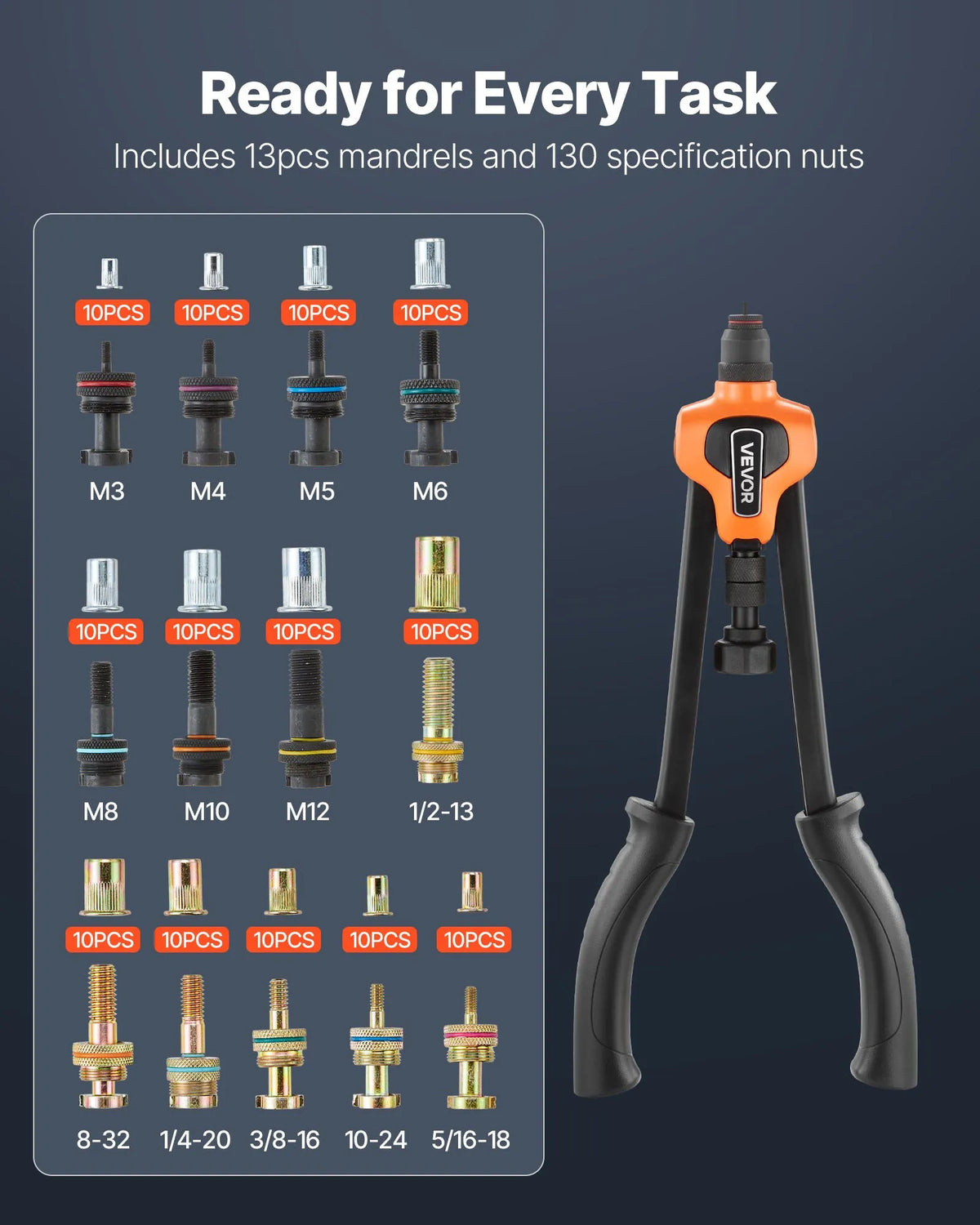 VEVOR Rivet Nut Tool 420 mm with 13 Mandrels and 130 Rivet Nuts (M3–M12, 8-32 to 1/2-13 UNC), with Portable Case