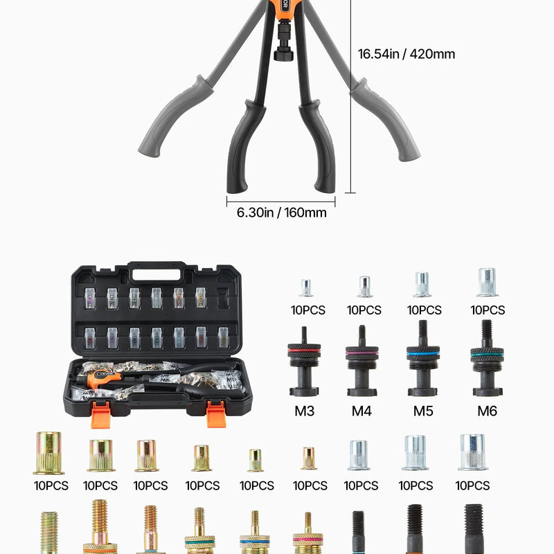 VEVOR Kniežu uzgriežņu knaibles 420 mm ar 13 mandrelēm un 130 kniežu uzgriežņiem (M3–M12, 8-32 līdz 1/2-13 UNC), ar pārnēsājamu koferi