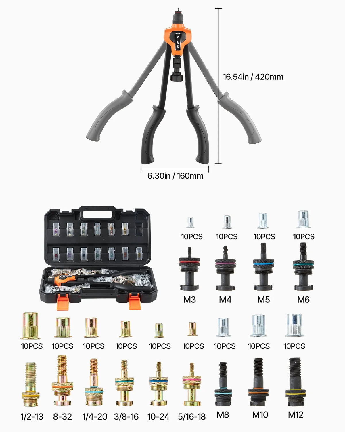 VEVOR Rivet Nut Tool 420 mm with 13 Mandrels and 130 Rivet Nuts (M3–M12, 8-32 to 1/2-13 UNC), with Portable Case