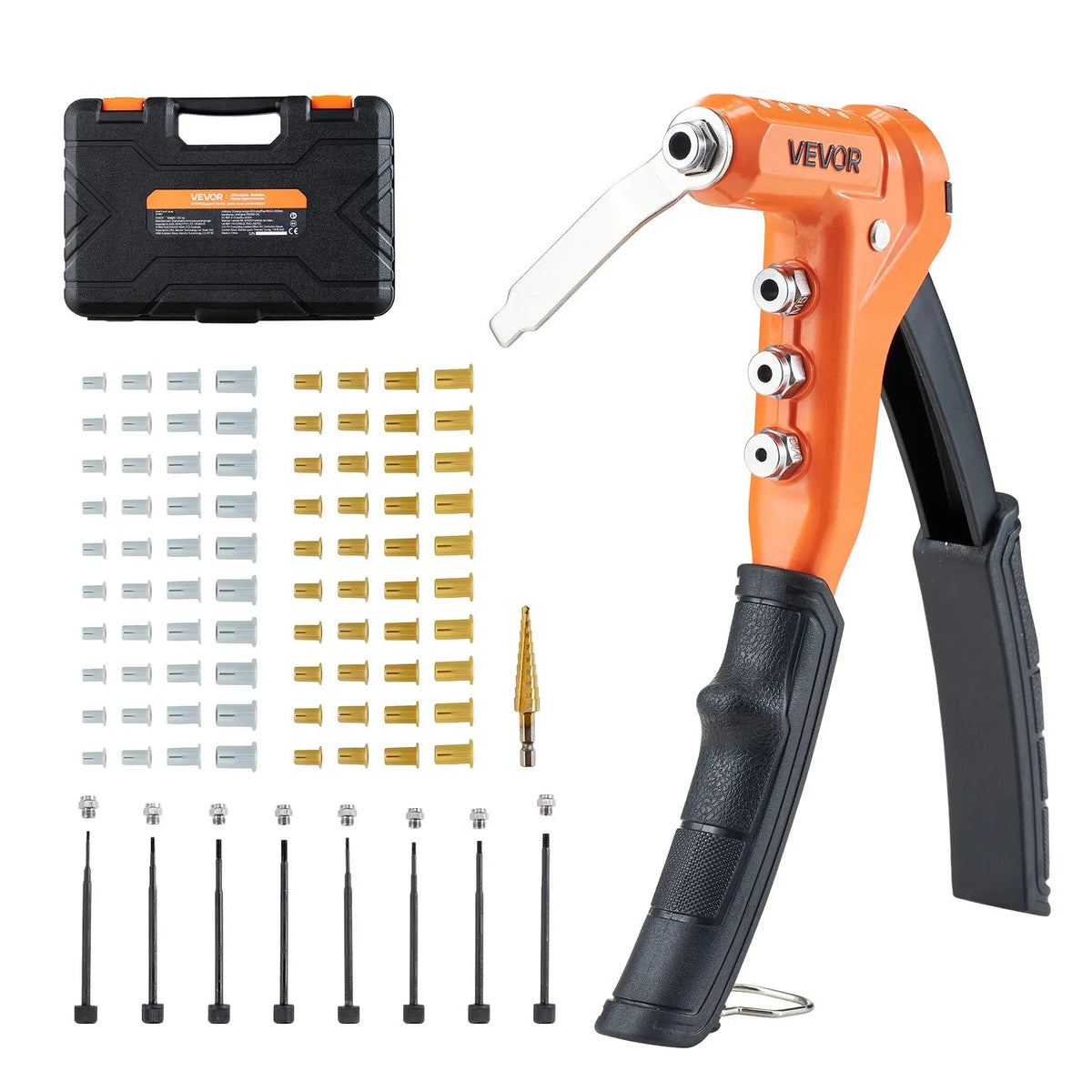 VEVOR Rivet Nut Tool 230 mm with 8 Mandrels, Step Drill and 80 Rivet Nuts (M3–M6, 6-32 to 1/4-20 UNC), with Carrying Case