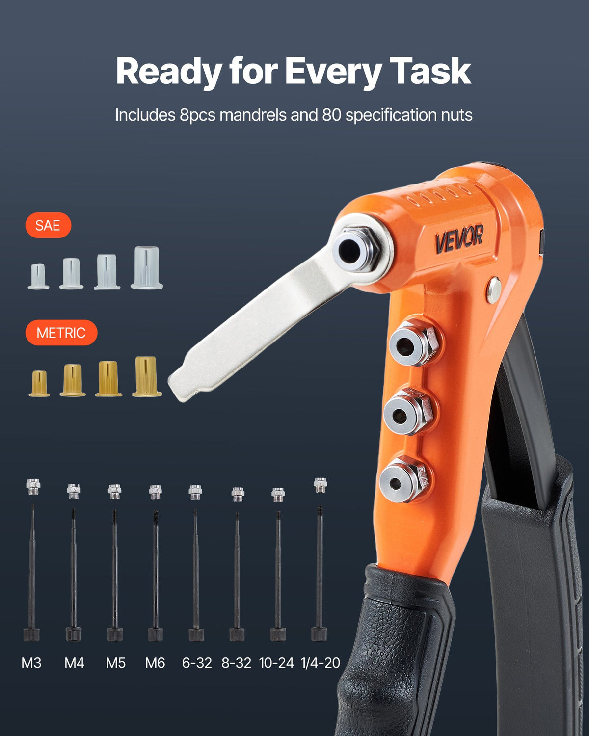 VEVOR Rivet Nut Tool 230 mm with 8 Mandrels, Step Drill and 80 Rivet Nuts (M3–M6, 6-32 to 1/4-20 UNC), with Carrying Case