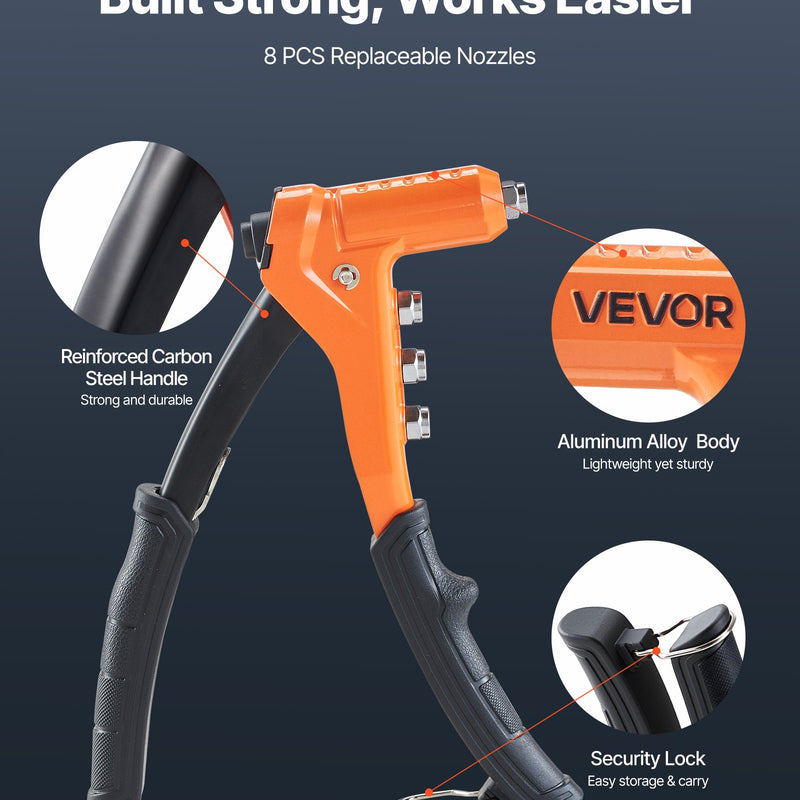 VEVOR Kniežu uzgriežņu knaibles 230 mm ar 8 mandrelēm, pakāpju urbi un 80 kniežu uzgriežņiem (M3–M6, 6-32 līdz 1/4-20 UNC), ar pārnēsājamu koferi