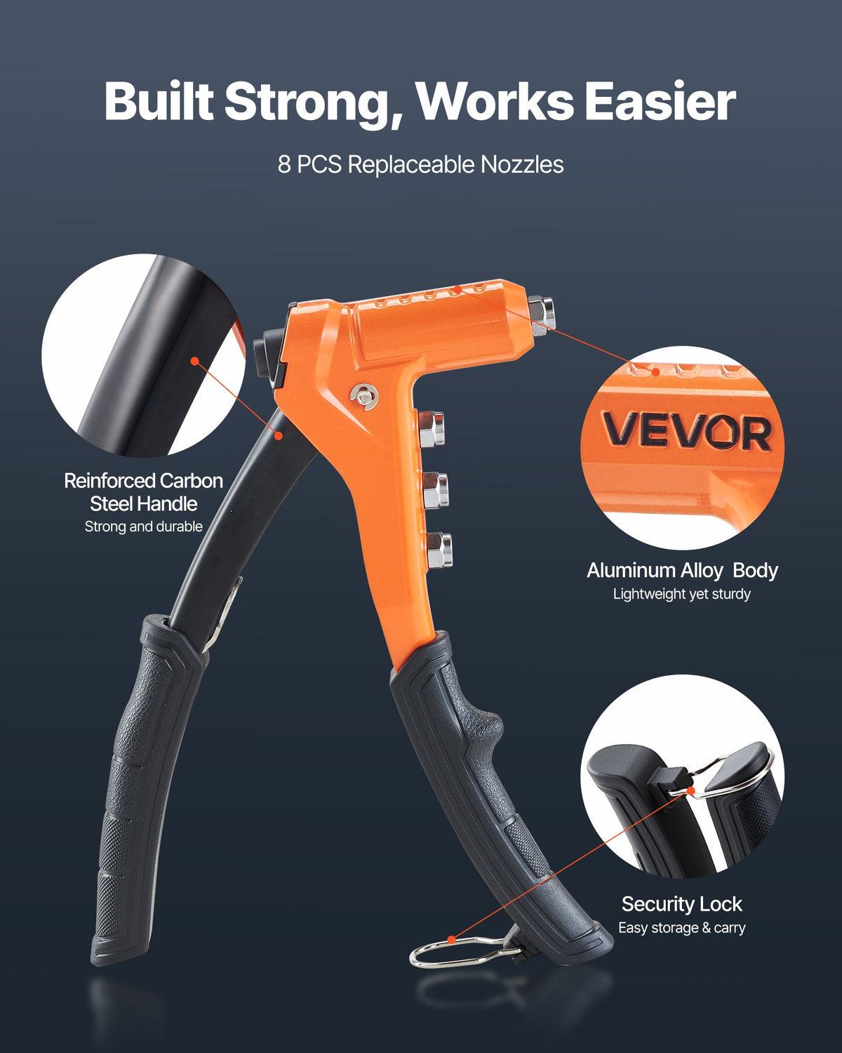 VEVOR Rivet Nut Tool 230 mm with 8 Mandrels, Step Drill and 80 Rivet Nuts (M3–M6, 6-32 to 1/4-20 UNC), with Carrying Case