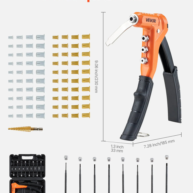VEVOR Kniežu uzgriežņu knaibles 230 mm ar 8 mandrelēm, pakāpju urbi un 80 kniežu uzgriežņiem (M3–M6, 6-32 līdz 1/4-20 UNC), ar pārnēsājamu koferi