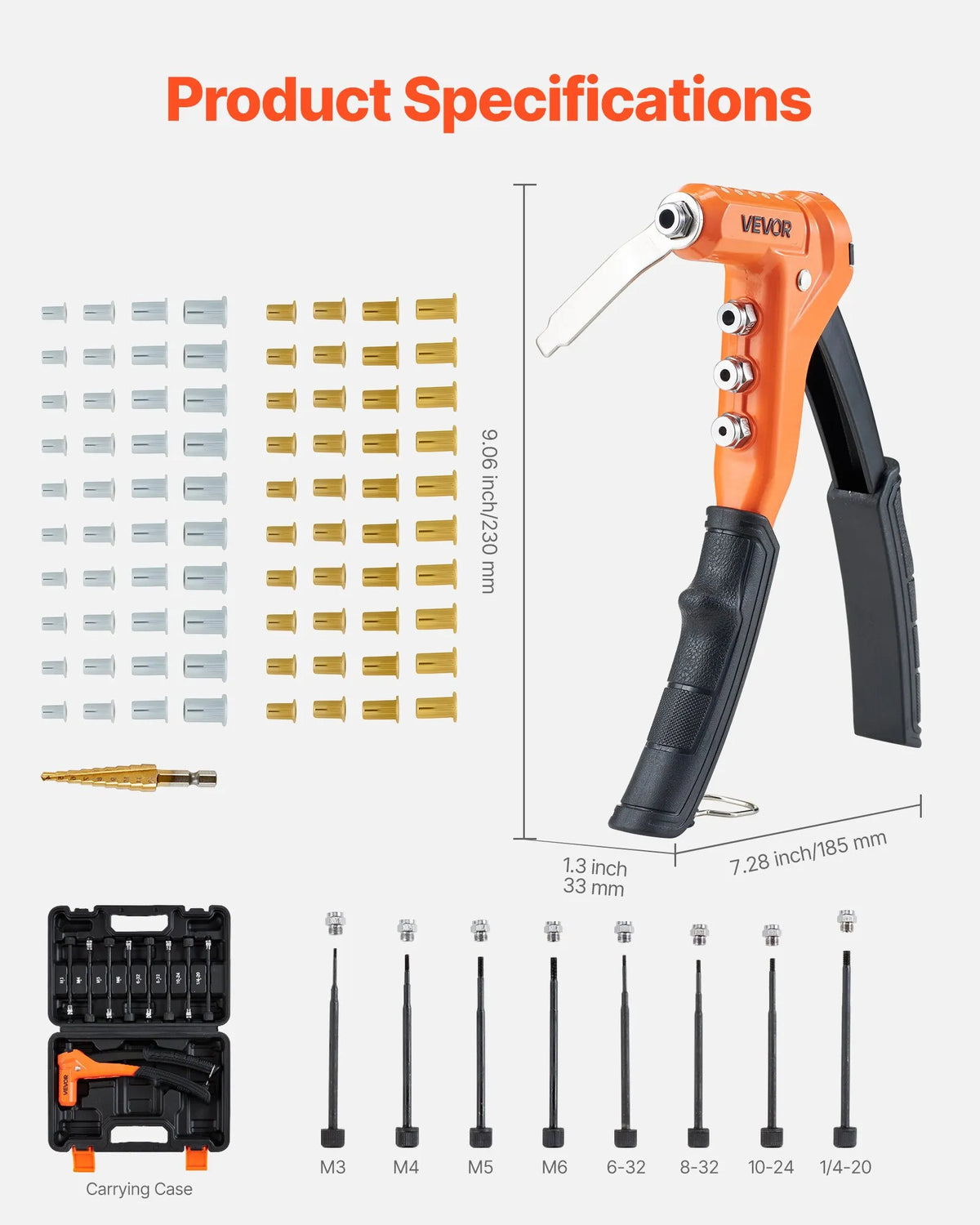 VEVOR Rivet Nut Tool 230 mm with 8 Mandrels, Step Drill and 80 Rivet Nuts (M3–M6, 6-32 to 1/4-20 UNC), with Carrying Case