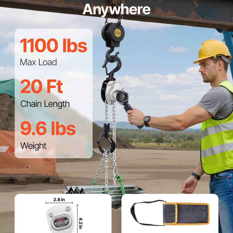 VEVOR rokas sviras ķēdes pacēlājs, 500 kg kravnesība, 6 m pacelšanas augstums, G80 sakausējuma tērauda ķēde ar dubultklikšķa mehānisko bremzi un 360° rotējošiem āķiem, piemērots noliktavām, būvniecībai un garāžām