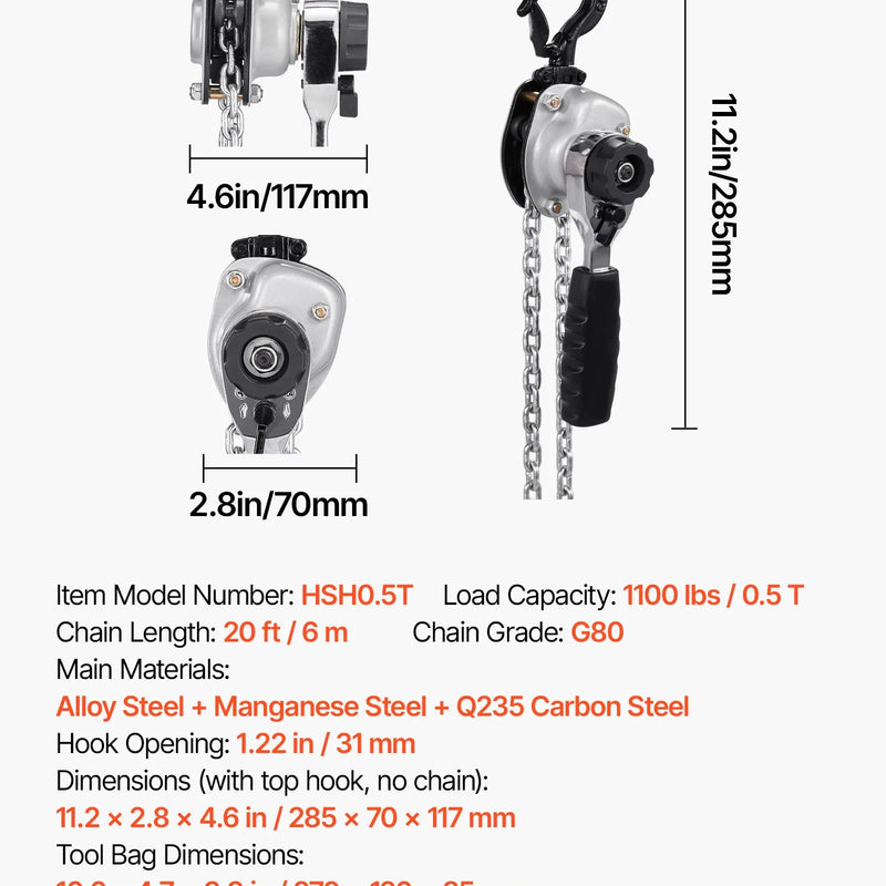 VEVOR rokas sviras ķēdes pacēlājs, 500 kg kravnesība, 6 m pacelšanas augstums, G80 sakausējuma tērauda ķēde ar dubultklikšķa mehānisko bremzi un 360° rotējošiem āķiem, piemērots noliktavām, būvniecībai un garāžām
