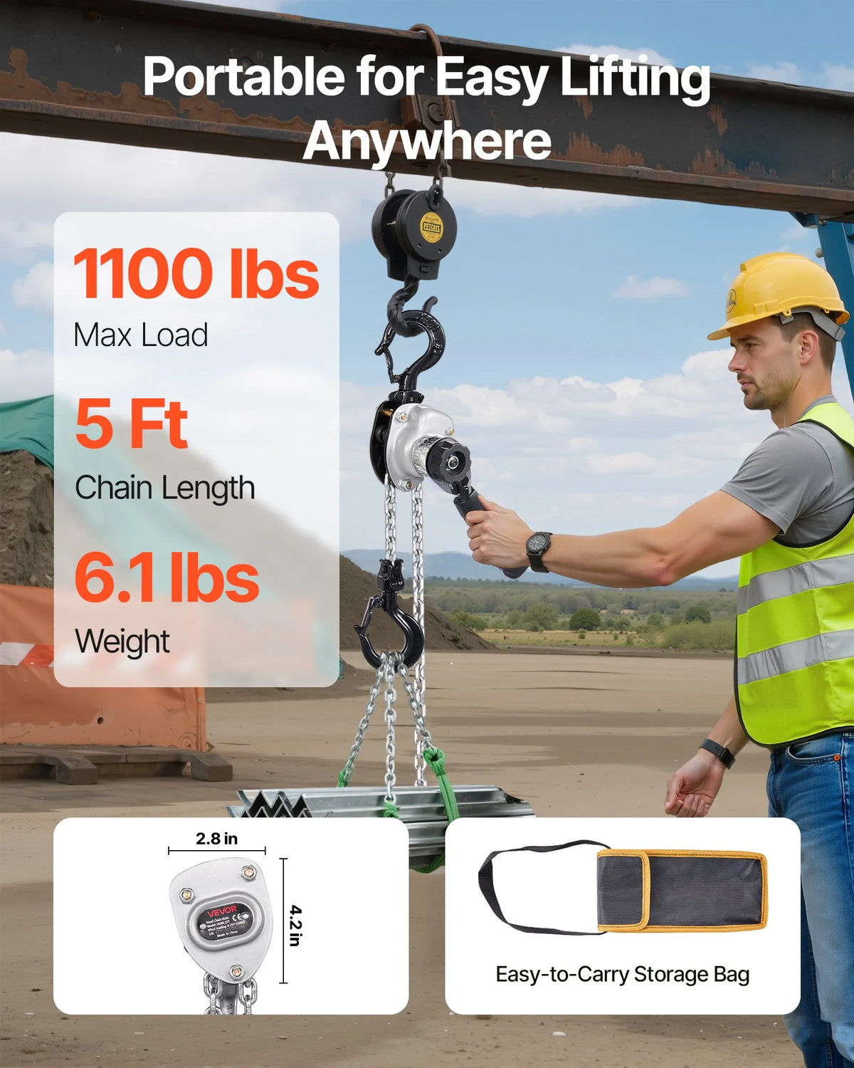 VEVOR Manual Lever Chain Hoist, 0.5 t (500 kg) Lifting Capacity, 1.5 m Lifting Height, G80 Alloy Steel Chain with Dual Dog Brake and 360° Swivel Hooks, Suitable for Warehouses, Construction and Garages