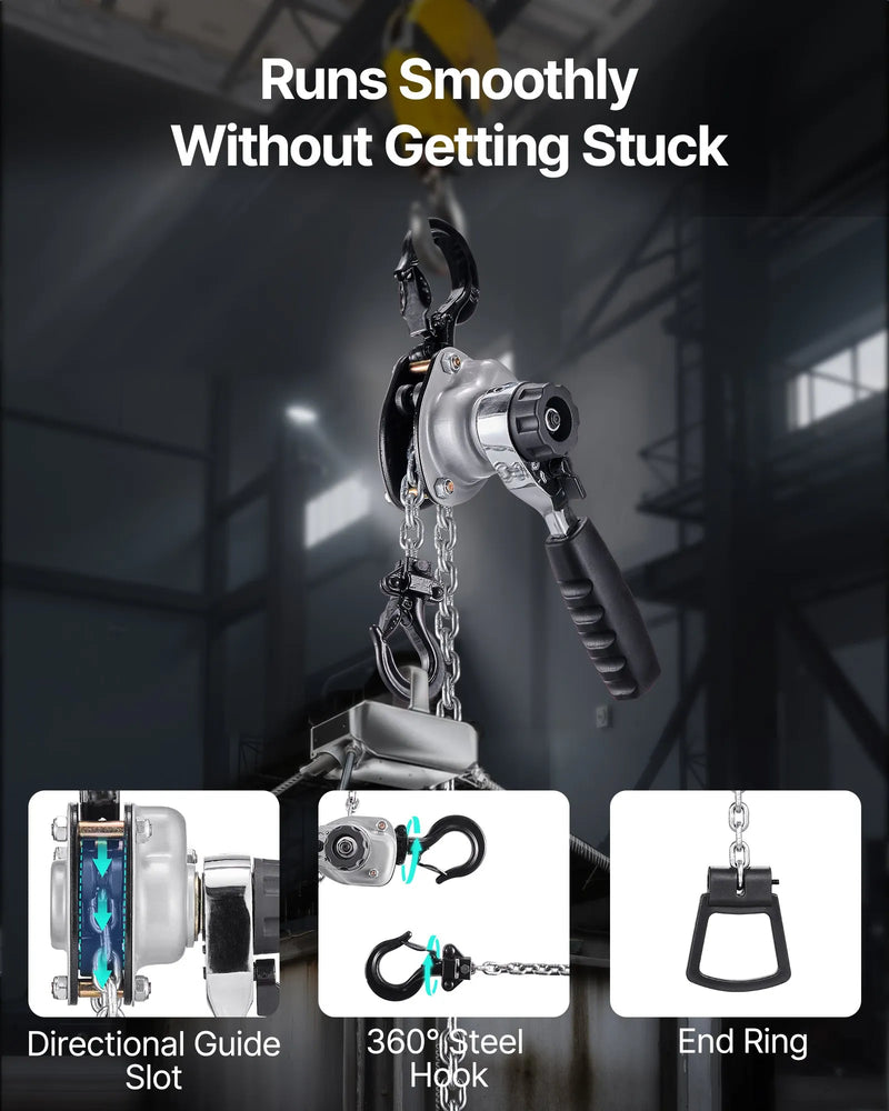 VEVOR manuālais sviras ķēdes pacēlājs, 0,5 t (500 kg) celtspēja, 1,5 m celšanas augstums, G80 sakausējuma tērauda ķēde ar dubultā suņa bremzi un 360° rotējošiem āķiem, piemērots noliktavām, būvniecībai un garāžām