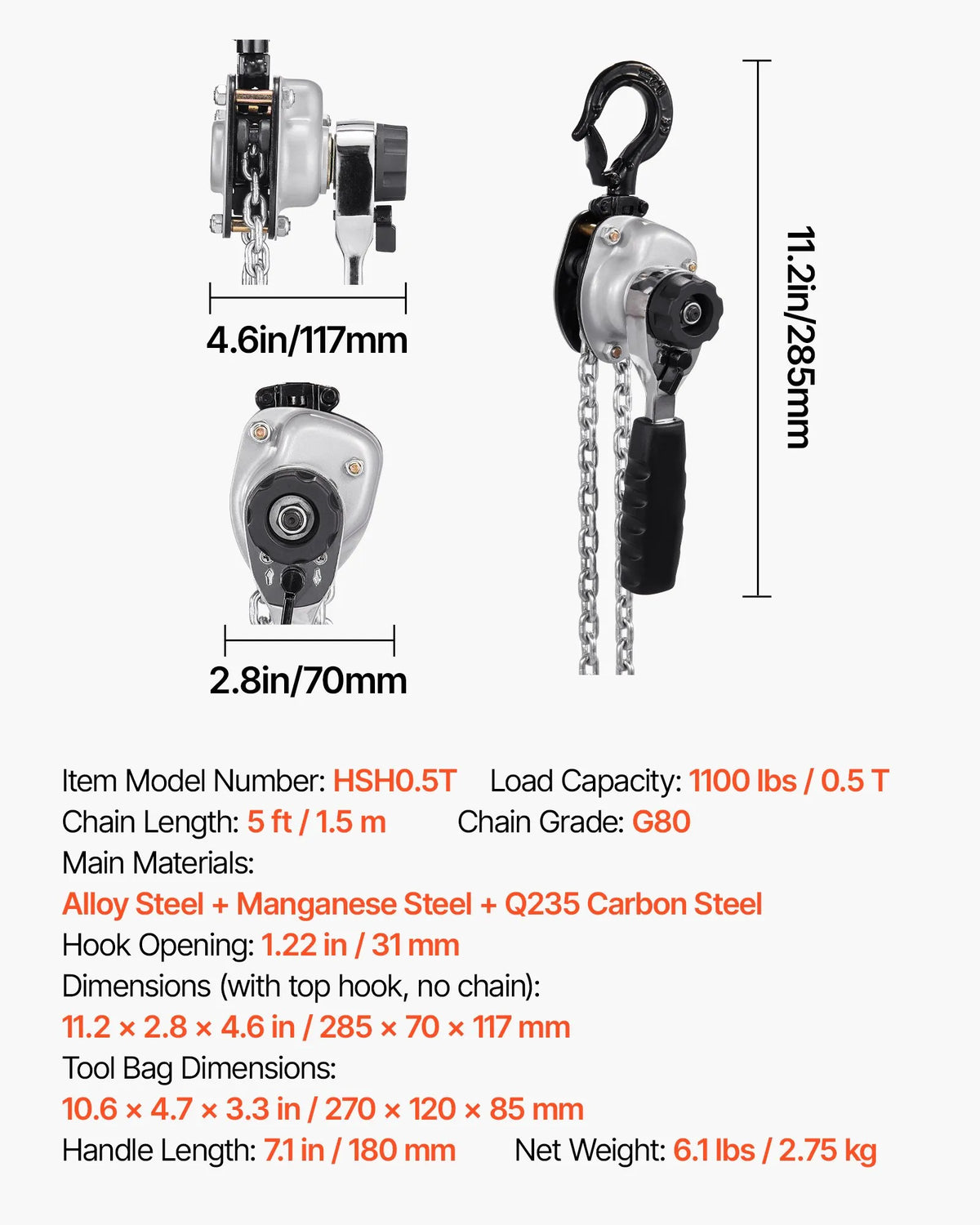VEVOR Manual Lever Chain Hoist, 0.5 t (500 kg) Lifting Capacity, 1.5 m Lifting Height, G80 Alloy Steel Chain with Dual Dog Brake and 360° Swivel Hooks, Suitable for Warehouses, Construction and Garages