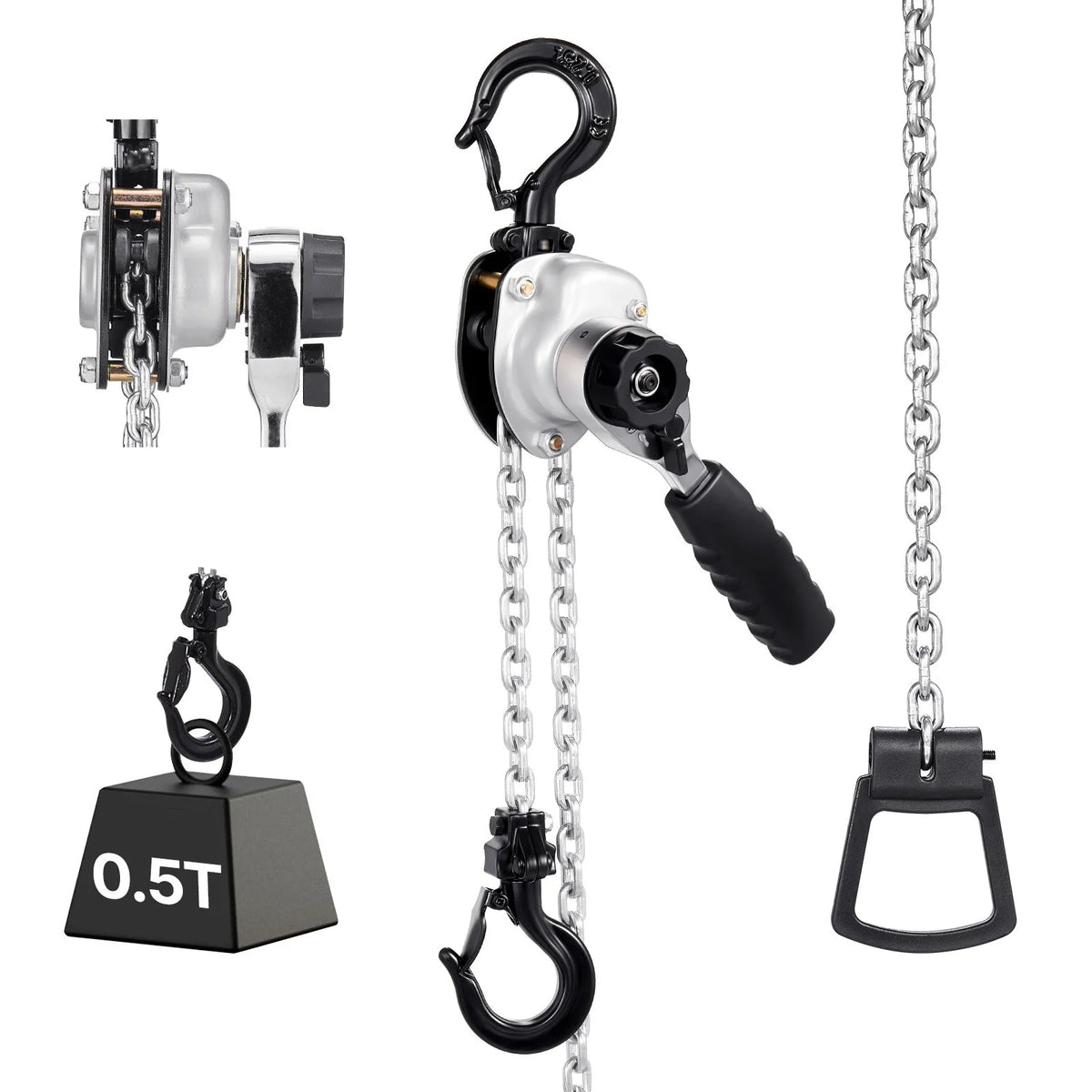 VEVOR Manual Lever Chain Hoist, 0.5 t (500 kg) Lifting Capacity, Heavy-Duty Hoist with 3 m Lifting Height, G80 Alloy Steel Chain and Dual Dog Mechanical Brake, 360° Rotating Hooks, Suitable for Warehouses, Construction and Garages