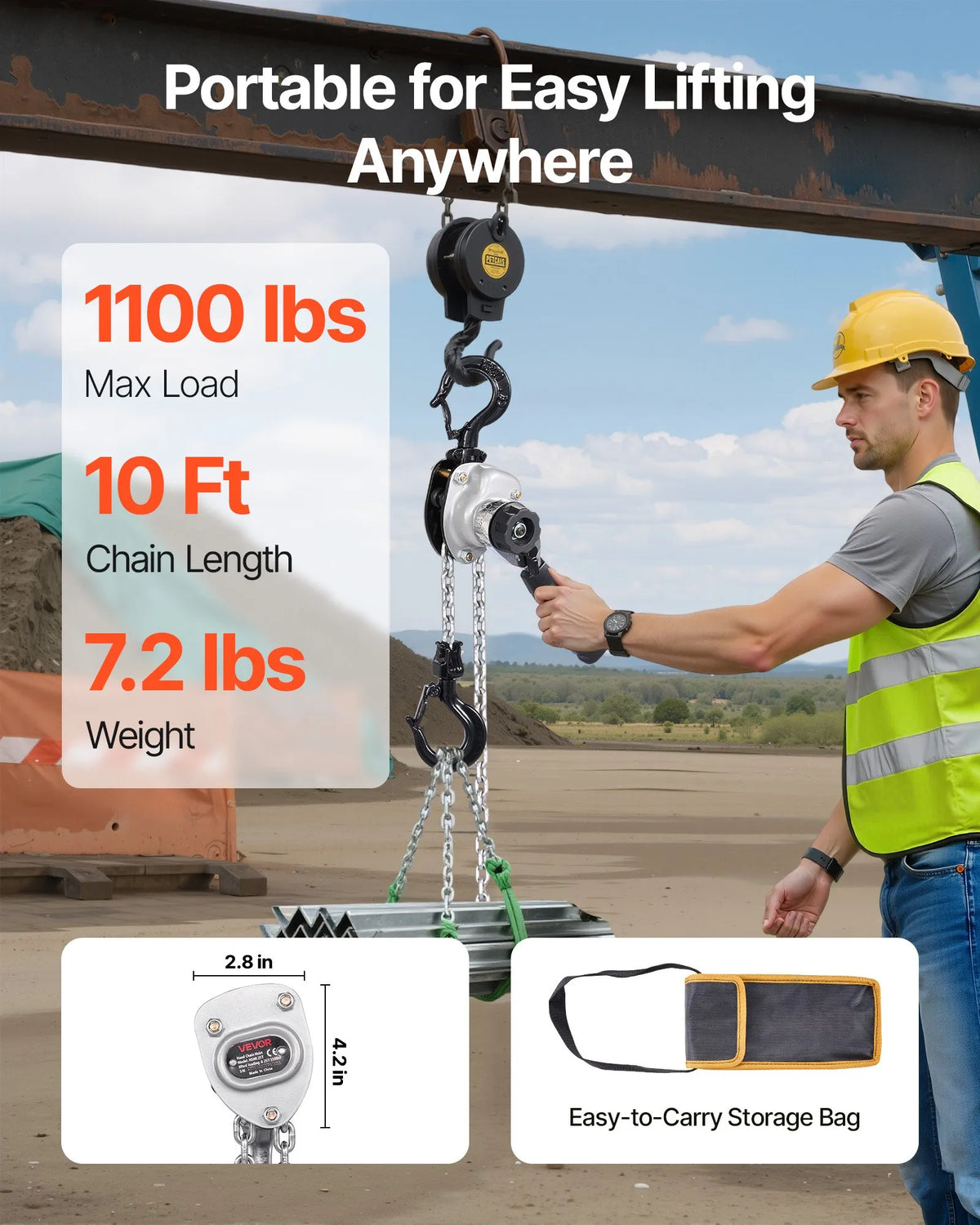 VEVOR Manual Lever Chain Hoist, 0.5 t (500 kg) Lifting Capacity, Heavy-Duty Hoist with 3 m Lifting Height, G80 Alloy Steel Chain and Dual Dog Mechanical Brake, 360° Rotating Hooks, Suitable for Warehouses, Construction and Garages