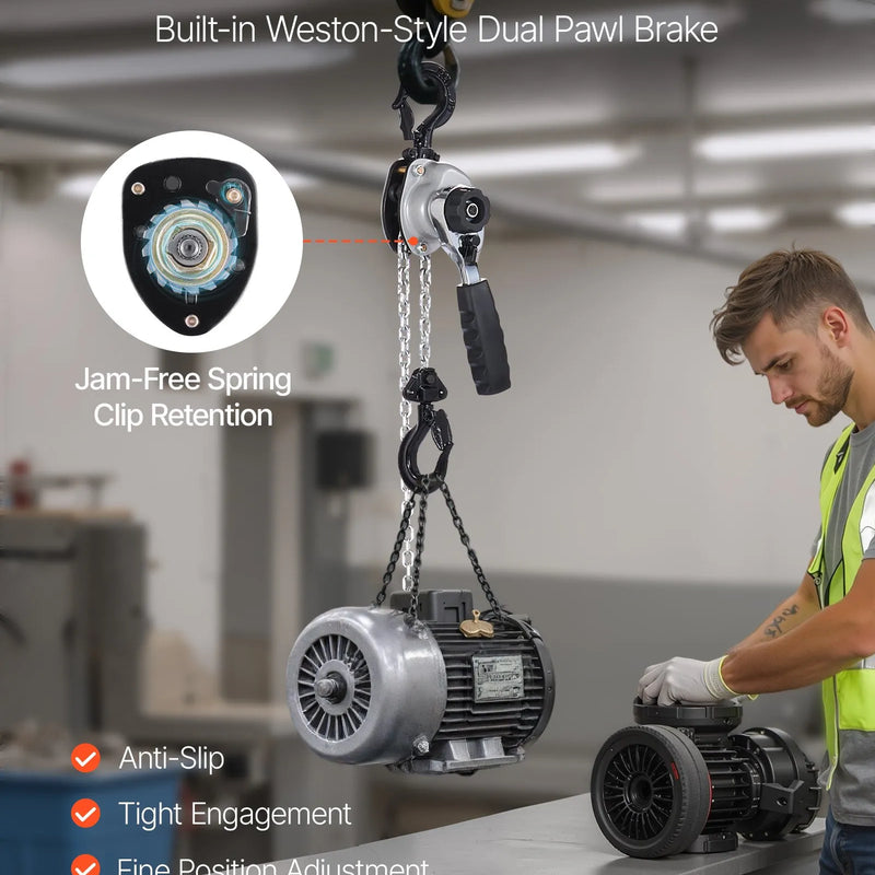 VEVOR manuālais sviras ķēdes pacēlājs, 0,5 t (500 kg) celtspēja, smagslodzes pacēlājs ar 3 m celšanas augstumu, G80 sakausējuma tērauda ķēdi un dubultā suņa mehānisko bremzi, 360° rotējošiem āķiem, piemērots noliktavām, būvniecībai un garāžām